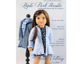 18 inch Doll Clothes Pattern, The Hyde Park Hoodie pattern fits 18 inch dolls.