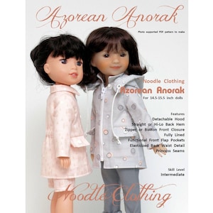 May include: A PDF sewing pattern for an Azorean Anorak for 14.5-15.5 inch dolls. The pattern features a detachable hood, straight or hi-lo back hem, zipper or button front closure, fully lined, functional front flap pockets, elasticized back waist detail, and princess seams. The pattern is for an intermediate skill level.