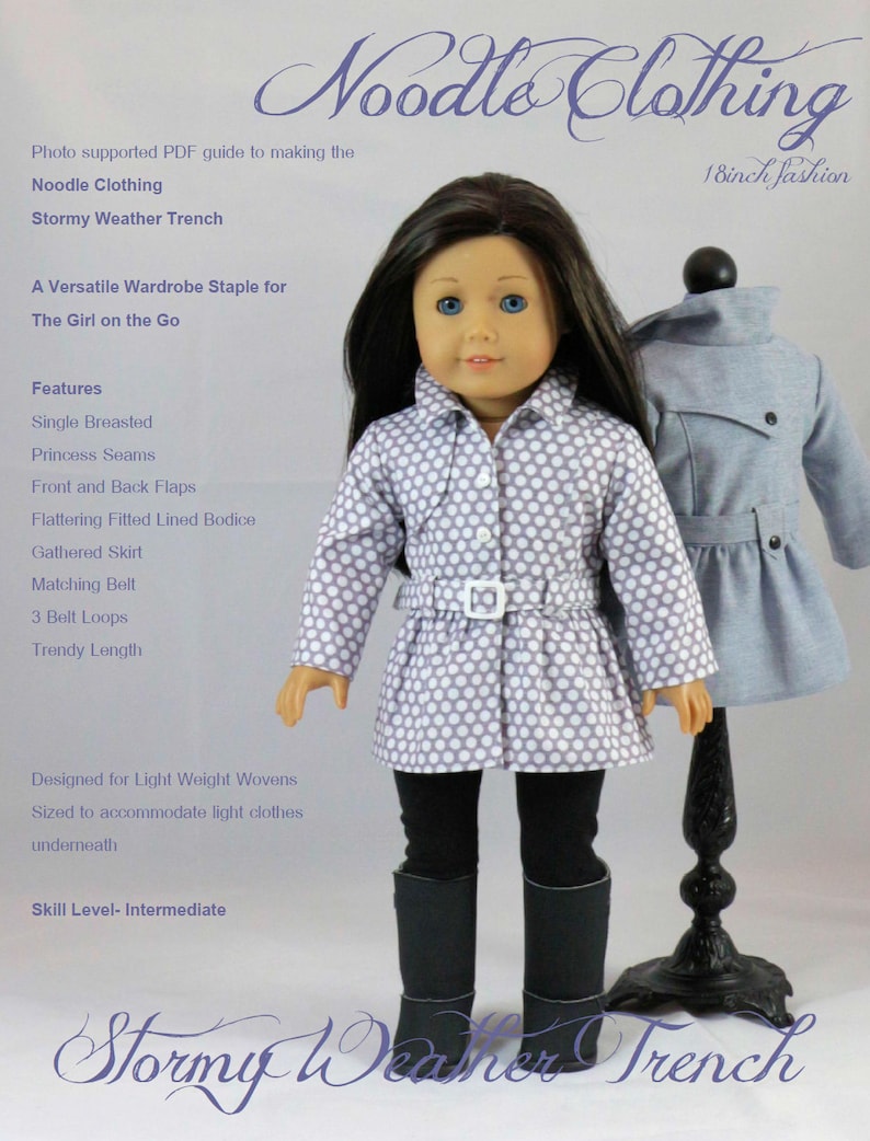 18 inch Doll Clothes Pattern, Stormy Weather Trench PDF Pattern for 18 inch Dolls such as American Girl® image 2