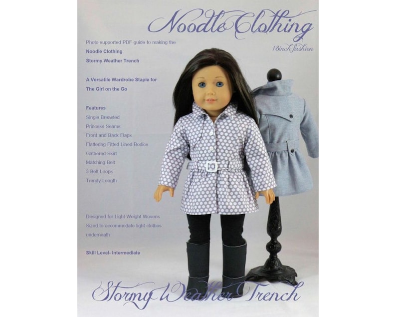 18 inch Doll Clothes Pattern, Stormy Weather Trench PDF Pattern for 18 inch Dolls such as American Girl® image 1