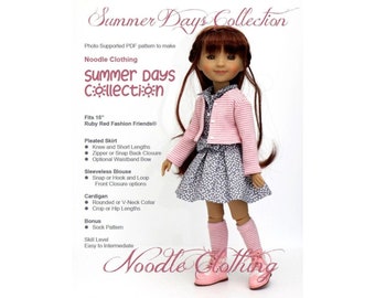 PDF Puppenkleidung Schnittmuster - Noodle Clothing Summer Days Kollektion - Rock - Bluse - Strickjacke - Socken passend für 15 cm Ruby Red Fashion Friends®