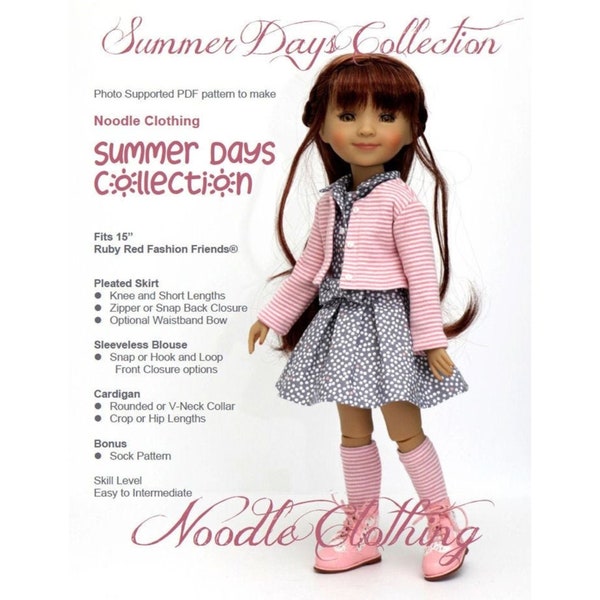 PDF Puppenkleidung Schnittmuster - Noodle Clothing Summer Days Kollektion - Rock - Bluse - Strickjacke - Socken passend für 15 cm Ruby Red Fashion Friends®