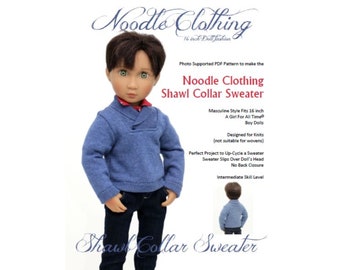 A Girl For All Time® Doll Clothes Pattern.  PDF pattern for the Noodle Clothing Shawl Collar Sweater fits 16 inch A Girl For All Time® dolls