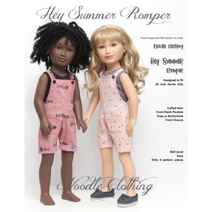 May include: A digital sewing pattern for a pink and white summer romper for 20-inch dolls. The pattern includes instructions for a cuffed hem, front patch pockets, and a snap or buttonhole front closure. The pattern is easy to follow and only requires four pattern pieces.