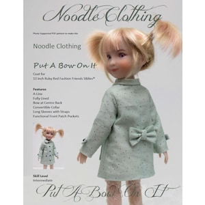 May include: A PDF sewing pattern for a green coat with a white polka dot pattern and a bow at the back. The pattern is for a 12-inch doll and is titled "Put A Bow On It".