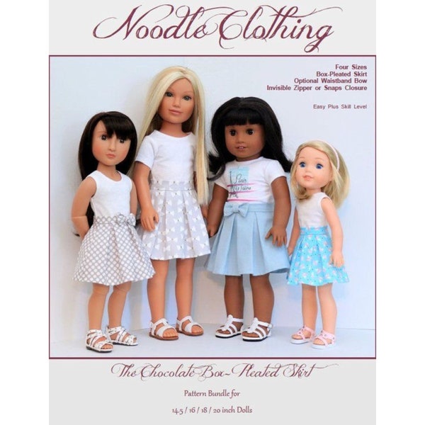 PDF Doll Clothing Pattern  Noodle Clothing Chocolate Box-Pleated Skirt Pattern for Four Doll sizes Fits 14.5, 16, 18, 20 inch dolls