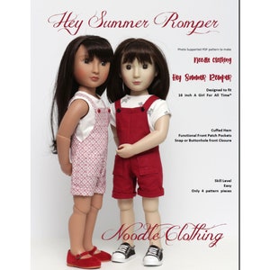 May include: A PDF pattern for a 16-inch doll romper with a cuffed hem, functional front patch pockets, and a snap or buttonhole front closure. The pattern is called "Hey Summer Romper" and is designed by Noodle Clothing.