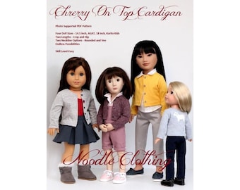 PDF Doll Clothes Pattern - Noodle Clothing Cherry On Top Cardigan pattern in Four Sizes