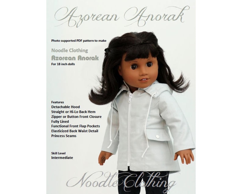 18 inch PDF Doll Clothes Pattern Noodle Clothing Azorean Anorak Jacket pattern fits 18 inch dolls such as American Girl® image 1