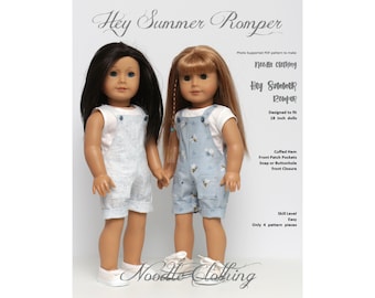 Noodle Clothing PDF pattern " Hey Summer Romper" fits 18 inch dolls.