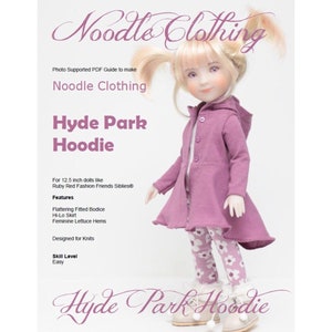 May include: A photo supported PDF guide to make a Hyde Park Hoodie for 12.5 inch dolls. The guide features a flattering fitted bodice, hi-lo skirt, feminine lettuce hems, and is designed for knits. The skill level is easy.