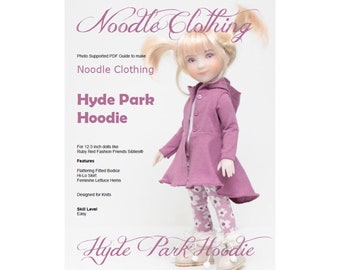 PDF Doll Clothes Pattern- Noodle Clothing Hyde Park Hoodie for 12.5 inch dolls such as Ruby Red Fashion Friends Siblies®