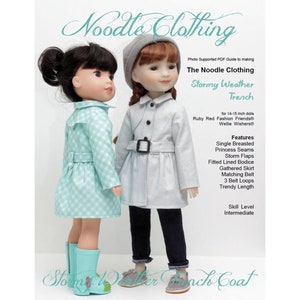 May include: A sewing pattern for a stormy weather trench coat for 14-15 inch dolls. The pattern includes features like a single breasted design, princess seams, storm flaps, a fitted lined bodice, a gathered skirt, a matching belt, 3 belt loops, and a trendy length. The skill level is intermediate.