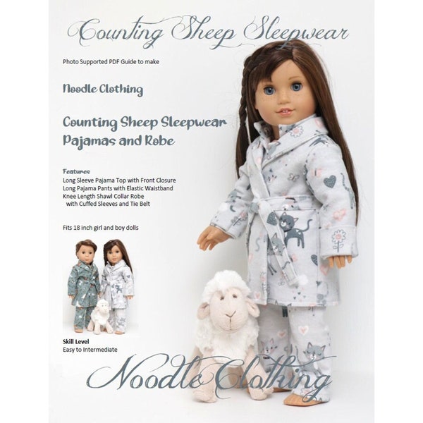 PDF Doll Clothes Pattern - Noodle Clothing Counting Sheep Sleepwear for 18 inch Girl and Boy Dolls such as American Girl®