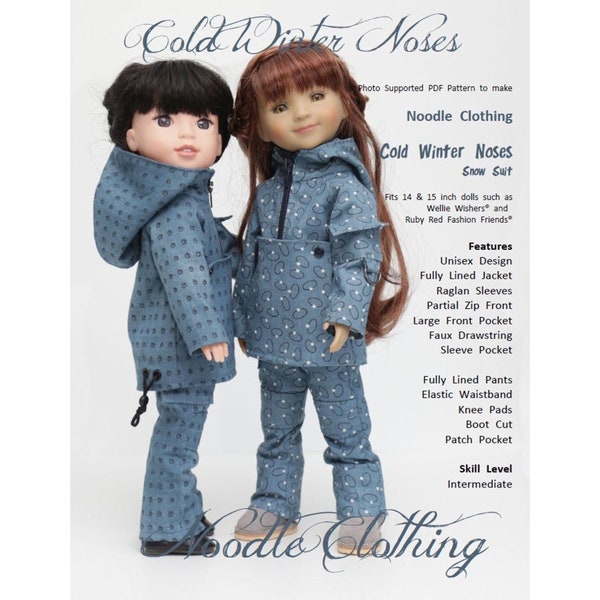 PDF Doll Clothes Pattern - Noodle Clothing  "Cold Winter Noses Snow Suit" for 14 and 15 inch  dolls like Ruby Red FF® and Wellie Wisher®