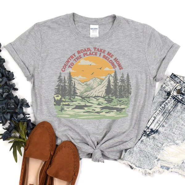 Country Roads John Denver Pine Trees Nature Sunrise Sunset Unisex Softstyle T-Shirt