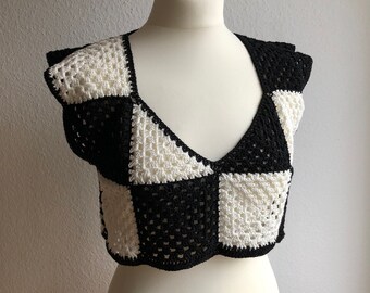 Checker crop top / Square tank top / Black and white boho sleeveless shirt / Striped loose Summer shirt