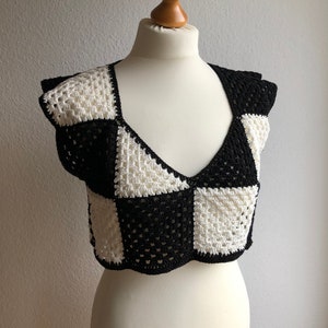 Checker crop top / Square tank top / Black and white boho sleeveless shirt / Striped loose Summer shirt