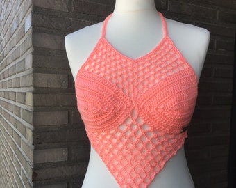 Salmon Pink Crochet Crop Top / Coral Halter Top with Beads Detail / V-shaped / Great for Summer, Festival, Beach, Rave, Party