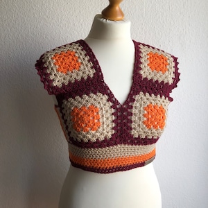 Maroon striped crochet crop top / Orange beige square top / Stripey short-sleeved cropped shirt / Summer fashion / Spring clothing for her