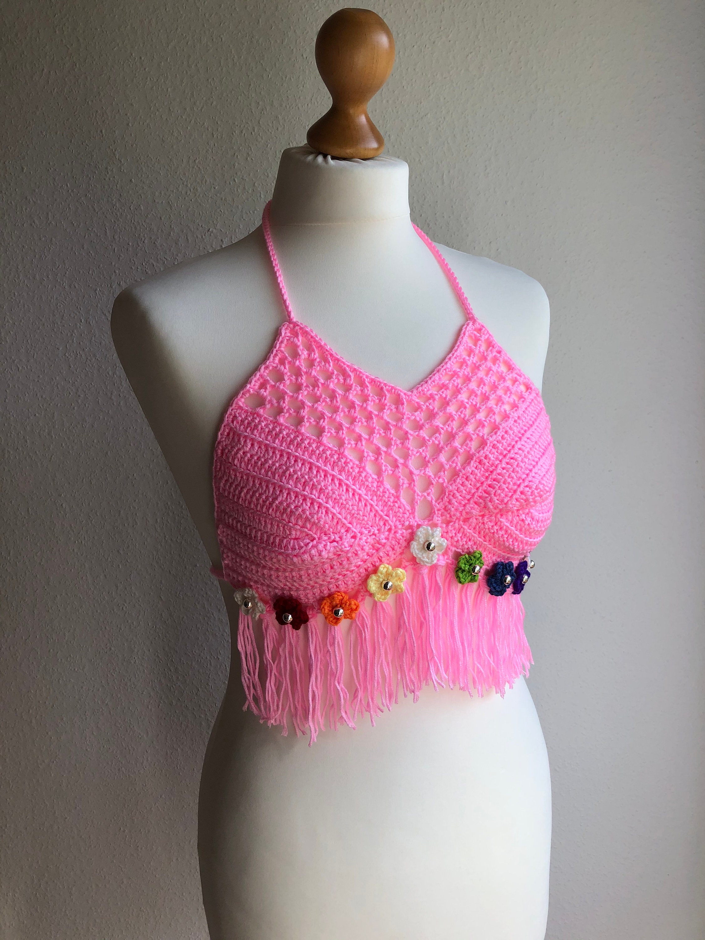 Neon pink crochet crop top / Bubblegum pink halter top / Pride Etsy 日本