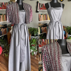LOOK!! 3 Piece Set! Vintage Formal Gown & Sequin Shrug with Original Belt/Sash/Metallic Gray/ Glam/ Luxe/