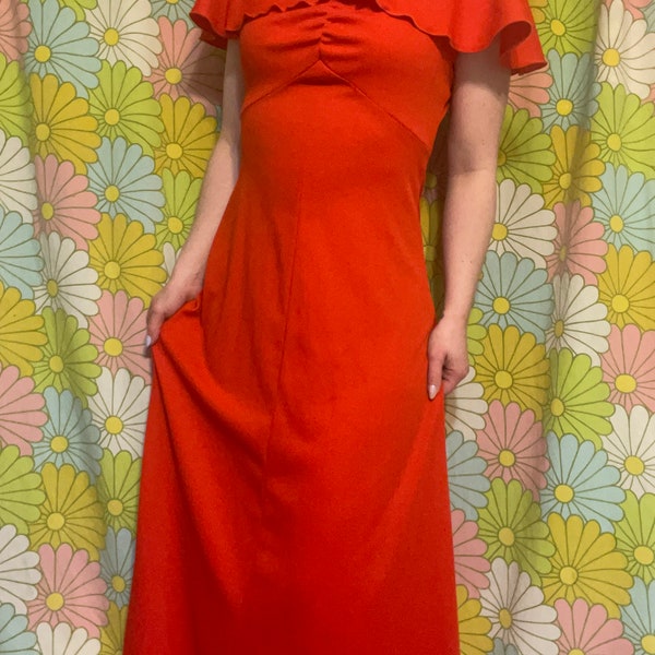 LOOK!! Vintage Vibrant Red Maxi Gown With Ruffle Collar / Cape-let / Flutter Sleeves -Formal - Bridesmaid- Lovely!   S/M