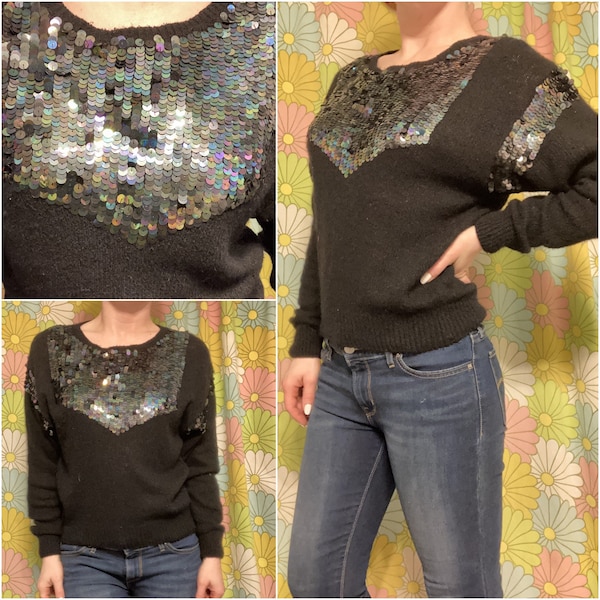 LOOK!! Vintage Black Sequined Pullover from EGO - 80s / Glam / Soft / Cute! S/M