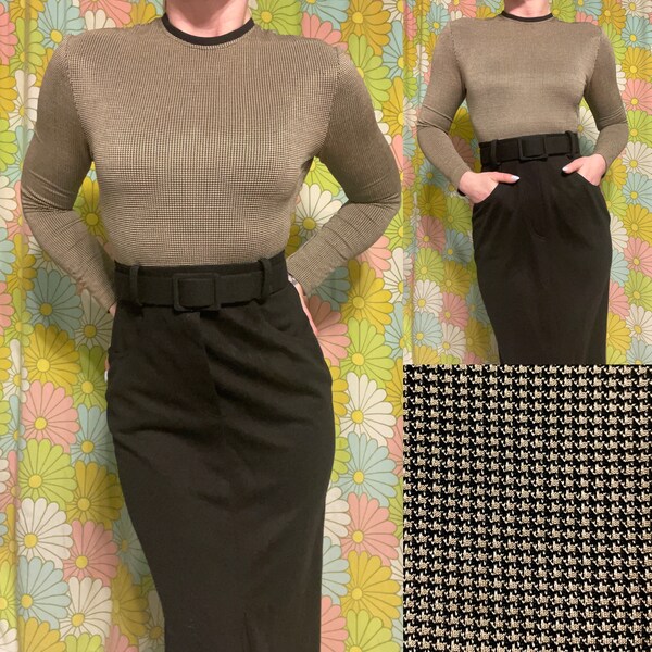 LOOK!! Incredible Joseph Ribkoff Crew Neck Houndstooth Wiggle Dress / 80s Does 40s / Bombshell/ PinUp / Vamp / Timeless / Sexy