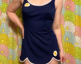 LOOK!! Vintage Bombshell Catalina One Piece Skirted Swim Dress  50s Pin Up 60s Mod Bullet Bra large
