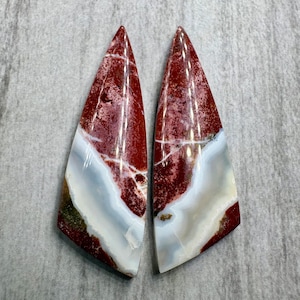 May include: Two polished gemstone slabs with a triangular shape. The stones feature a striking pattern of deep red, white, and light blue hues, with intricate veining. The polished surface reflects light, highlighting the natural beauty of the material.