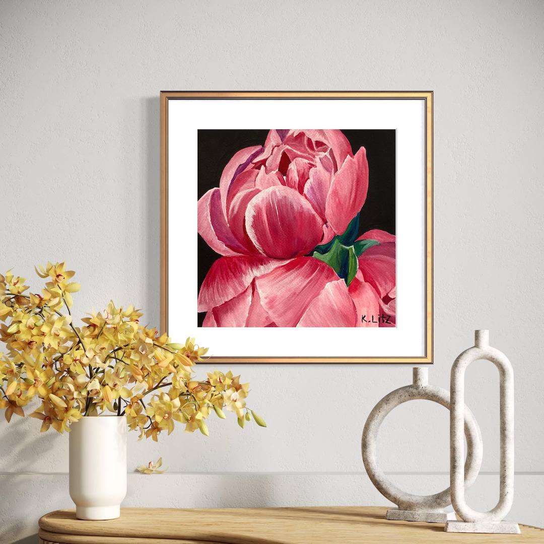 Pink Peony Art Print | Modern Floral Giclée, Black Background - Etsy