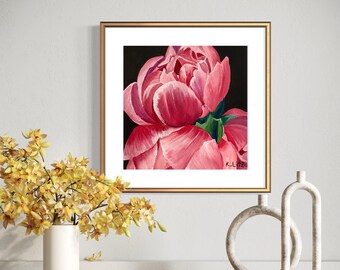 Pink Peony Art Print | Modern Floral Giclée, Black Background