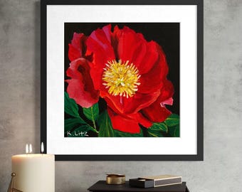 Red Peony Art Print | Modern Floral Giclée, Botanical Wall Decor