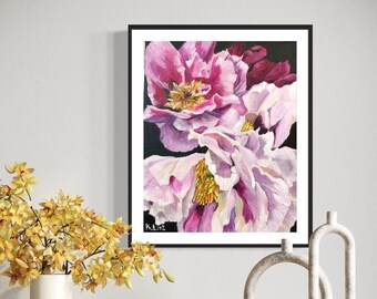 Peony Flower Art Print – Vibrant Floral Giclée on Black