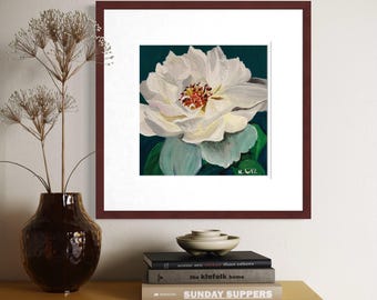 White Peony Art Print | Floral Oil Painting Reproduction, Botanical Giclée