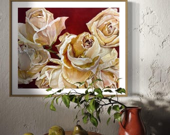 Cream Roses Art Print – Vibrant Floral Giclée on Black