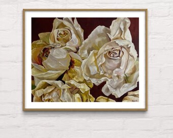Floral Giclée Print – Cream and Red Roses, Botanical Art
