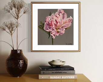 Pink Peony Art Print | Modern Floral Giclée, Black Background