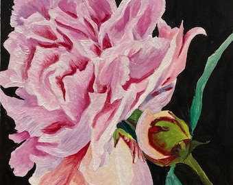 May include: A close-up of a pink peony flower with a green stem and bud against a black background. The flower is in full bloom and has many petals. The painting is signed "K. Litz" in the bottom left corner.