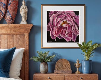 Peony Art Print | Modern Floral Giclée, Black Background