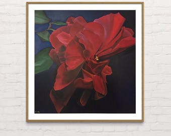 Hibiscus Floral Giclée Print, Red Flower Oil Painting Reproduction