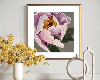 Pink Peony Art Print | Modern Floral Giclée, Black Background