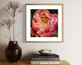 Pink Peony Art Print | Modern Floral Giclée, Black Background
