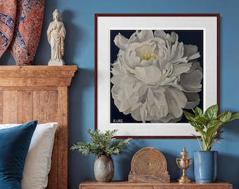 White Peony Giclée Print | Botanical Oil Painting Reproduction