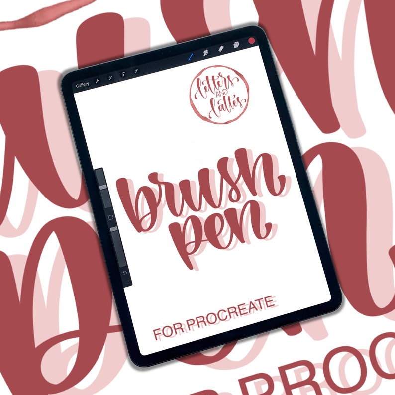 K&ouml;nnte beinhalten: Der Bildschirm eines digitalen Tablets zeigt ein Grafikdesign f&uuml;r einen Pinsel f&uuml;r Procreate. Die Grafik ist in einem rot-rosa Farbschema gehalten, mit dem Text "brush pen" in einer stilisierten Schriftart. Der Text "FOR PROCREATE" wird ebenfalls auf dem Bildschirm angezeigt.