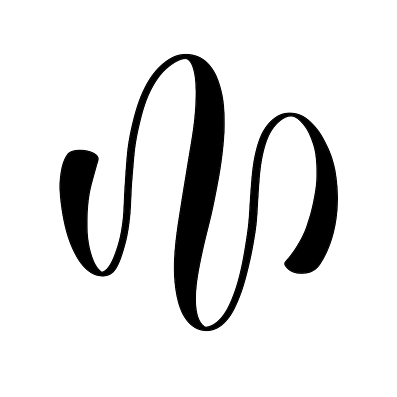 K&ouml;nnte beinhalten: Eine Schwarzwei&szlig;illustration eines stilisierten Buchstabens "W" mit einem flie&szlig;enden, kursiven Design.