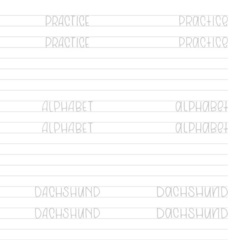 May include: A handwriting practice worksheet with the words "PRACTICE", "ALPHABET", and "DACHSHUND" written in cursive on lined paper.