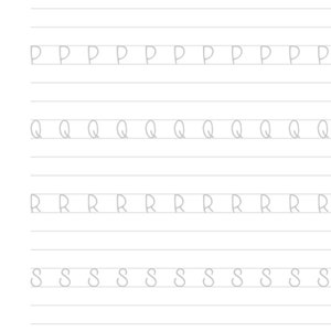 May include: A worksheet with rows of the letters P, Q, R, and S written in cursive. Each letter is repeated multiple times on each row.