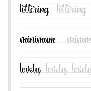 May include: A handwriting practice worksheet with the words "lettering", "minimum", and "lovely" written in cursive.